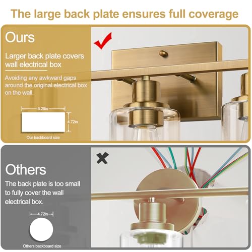 Image of Indoi 3-Light Bathroom Light Fixtures, Brass Modern Vanity Lights with Clear Glass Shades, Bathroom Wall Lamp for Mirror Living Room Cabinet Bedroom Porch