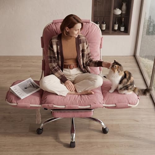 DEKKETO Fauteuil de Bureau avec Repose-Pieds, Chaise Large pour S'asseoir en Tailleur, Pivotant et Basculant, Tissu Chenille, Accoudoirs 5 Pos., Dossier...