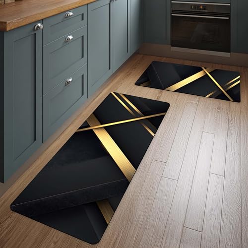TURTLEWINGS Kitchen Floor Mat 2-Piece – Quick Dry Water Absorbent Diatomite Rug | 120×40 + 60×40 cm Washable Kitchen Mat for Sink, Stove & Counter (Black & Gold Luxe Line Design)