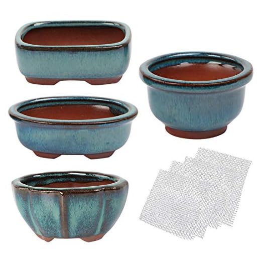 kilofly Happy Bonsai Mini Glazed Pots Value Set of 4, with 4 Soft Mesh Drainage Screens