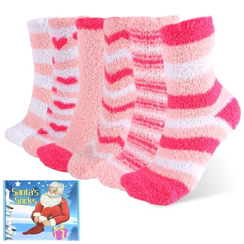 Image of SAIWEILAI ONLINE 7 Pieces Christmas Fuzzy Socks Gift Set:6 Pair of Soft Cozy Warm Socks with Christmas Gifts Box for Women