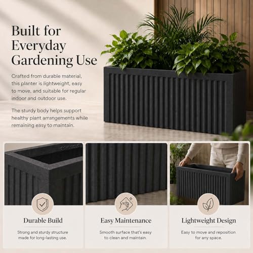 Image of Go Hooked Rectangular Planter Pot (20x9) Inch | Grey Ribbed Design Plastic Flower Pot for Indoor Outdoor Balcony Garden Window Railing Patio | Polymer Decorative Plant Container