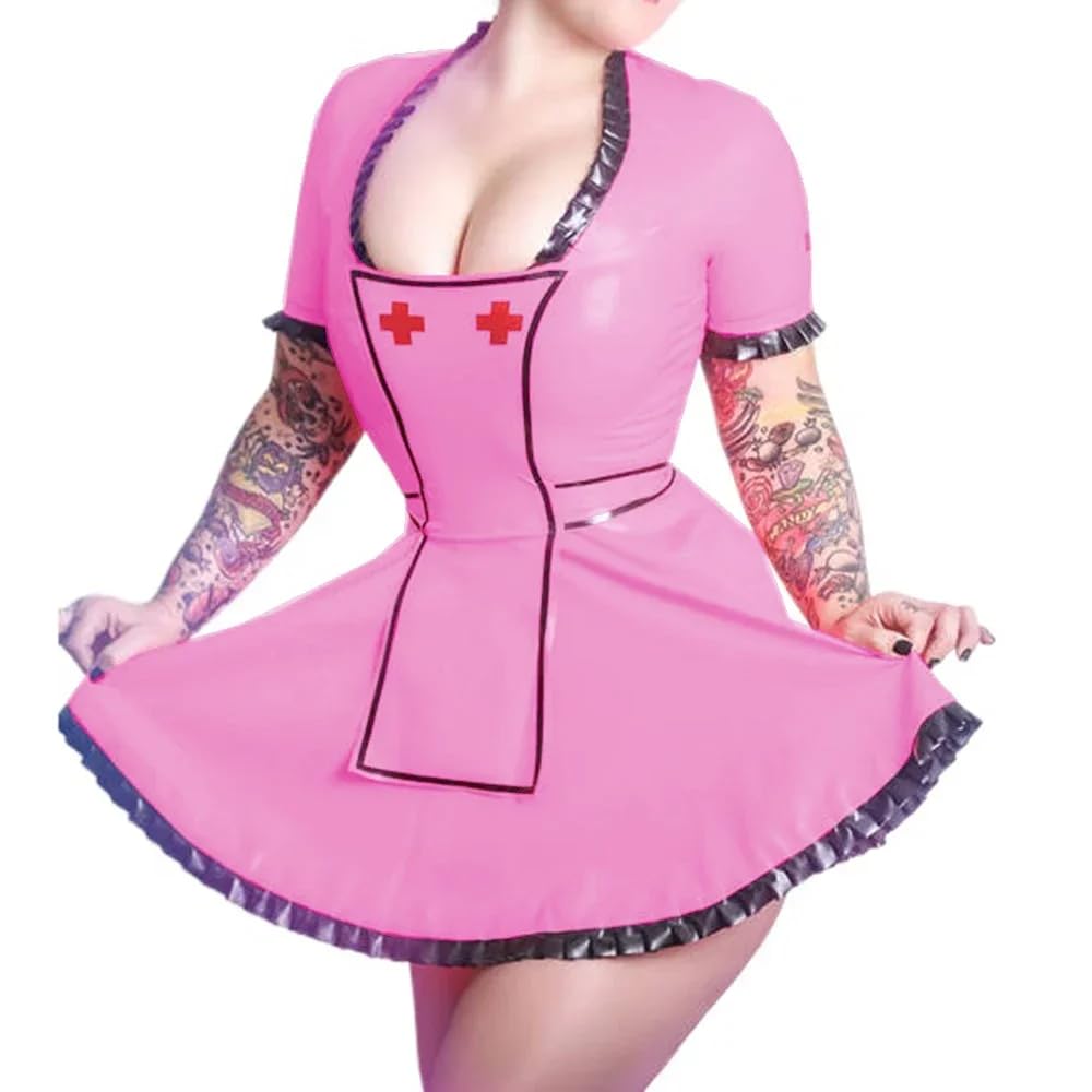 ERFSQIYALHJ Exotic Nurse Costumes PVC Leather Sexy Short Sleeve A-line Dress Role Play Cosplay Unifroms (Pink,5XL)