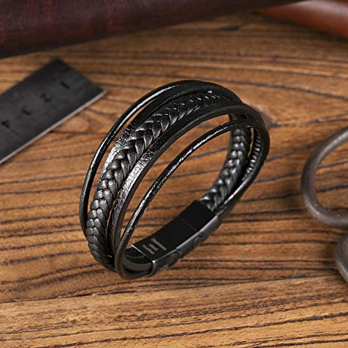 Murtoo Mens Leather Bracelet with Magnetic Clasp Cowhide Multi-Layer Braided Leather Mens Bracelet (Black New, 21.0) - Image 5