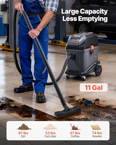 Image of VEVOR Commercial Shop Vac, 11 Gallon Wet Dry Shop Vacuum, 5.5 Peak HP Portable with One-Button Self-Cleaning, 1350W Input, 1.25in x 7ft Hose, 20ft Cord, Industrial-Grade for Jobsite, Workshop