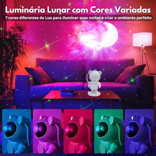 Projetor Astronauta 3D com Nebulosa, Galáxia, Estrelas e Som Bluetooth, Luminária Decorativa com Con