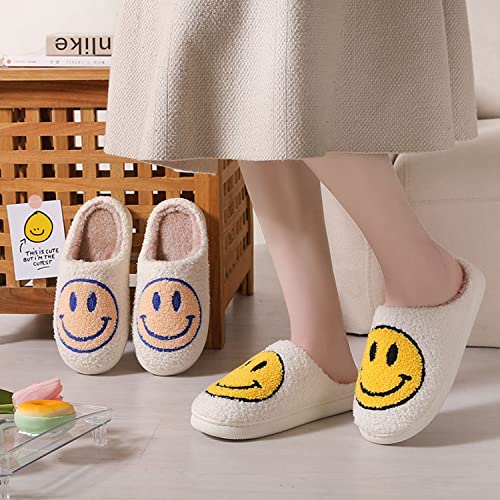 kissxiaoya Smile Face Slippers for Women Men, Retro Soft Plush Lightweight Smile Face House Slippers, Indoor Outdoor Cozy Trendy Slip-On Slipper(White-Blue Smile, 6.5-7.5 Women/6-7 Men)