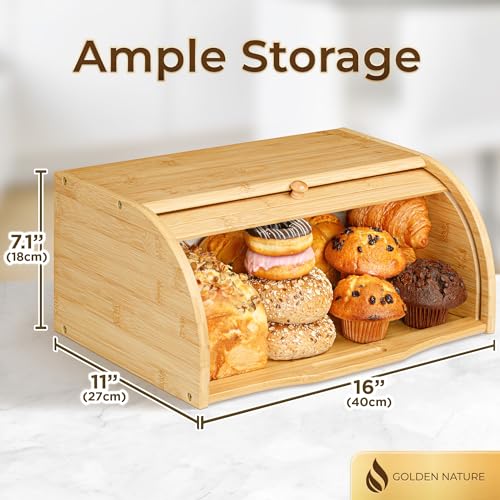Golden Nature GN-BBRD-16X7BMB Bamboo Bread Box For Kitchen Countertop, Large Wooden Food Keeper W/Rolling Lid thumb #5