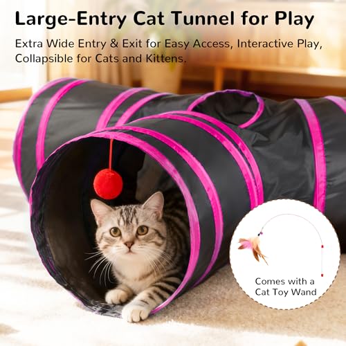 Image of Tempcore Cat Tunnel for Indoor Cats, 3 Way Collapsible Pet Play Tunnel with Teaser Wand, Peek Holes & Hanging Ball, Interactive Tube for Kittens & Rabbits, Black & Rose Red