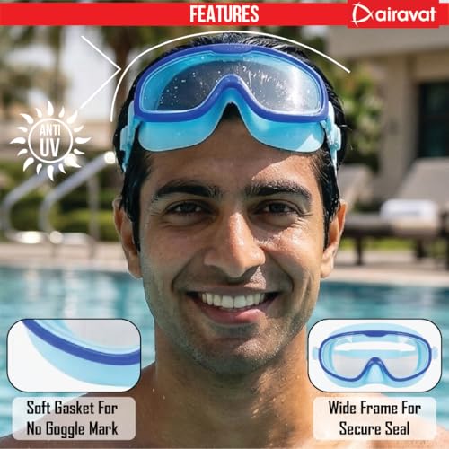 Image of AIRAVAT Shore swimming goggles, polycarbonate goggles, No Leaking Anti-Fog Pool Goggles for Adult Men Women Youth, UV Protection, 180 Clear Vision, Free size (Blue Combo)