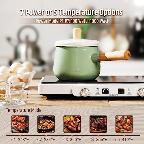 Razorri Double Induction Cooktop, 1800W Countertop 2 Burners Grill with Removable Non-stick Cast Iron Griddle Pan, 5 Temp Modes 7 Power Options with Timer for Kitchen Dorm and Camping