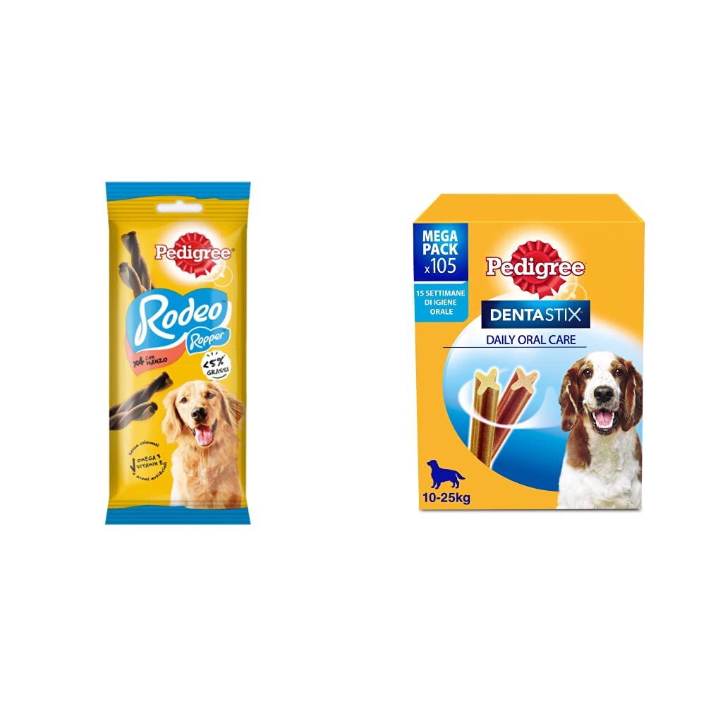 Pedigree Rodeo Ropper, Snack per Cani al gusto Manzo, 20 Confezioni x 4 stick da 70 g l’una, 80 stick in totale & Dentastix Snack per la Igiene Orale, 180g 105 Pezzi - 15 Confezioni da 7 pezzi
