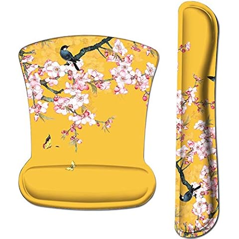 Keyboard Wrist Rest Pad and Mouse Wrist Rest Support Mouse Pad Set, iCasso Ergonomic Non Slip Mouse Pad with Wrist Rest Set for Computer Laptop Office Gaming Easy Typing & Pain Relief, Bird & Flowers Cover