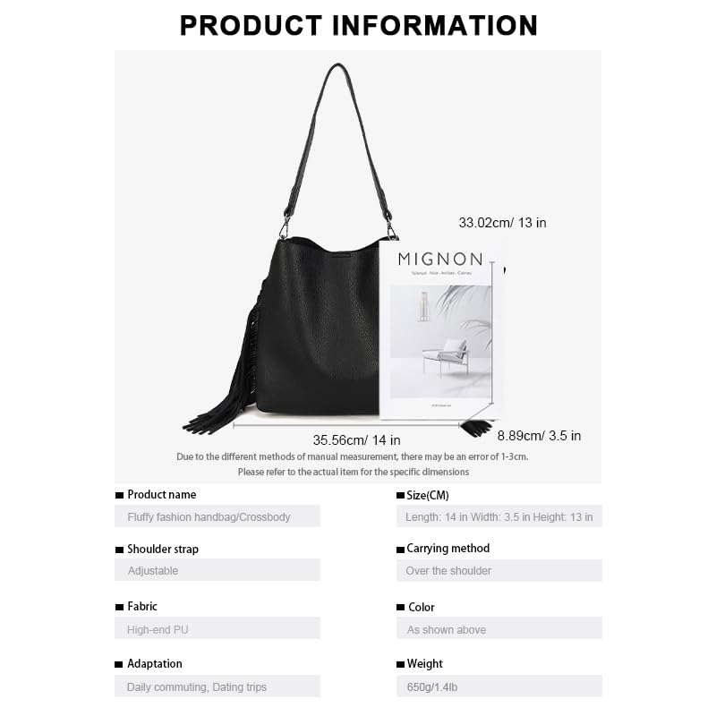 Large Hobo Handbag with Fringe Tassels Faux Leather Shoulder Bag with Magnetic Closure Black2