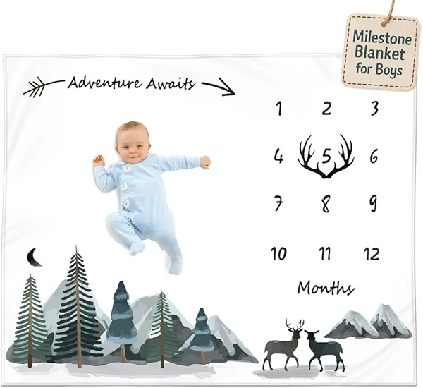Milestone Blanket for Baby Boy – Monthly Baby Blanket, Growth Tracker for Newborn, Woodland Nursery Decor, Mountain Adventure Theme, Includes Felt Frame, 50x40 Inches