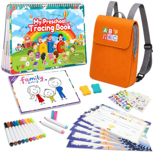 Juboury Tracing Books for Kids Ages 3-5 with Storage Backpack,Whiteboard | My Preschool Busy Book,Drawing Supplies,Eraser,Journal Stickers, Encouragement Stickers