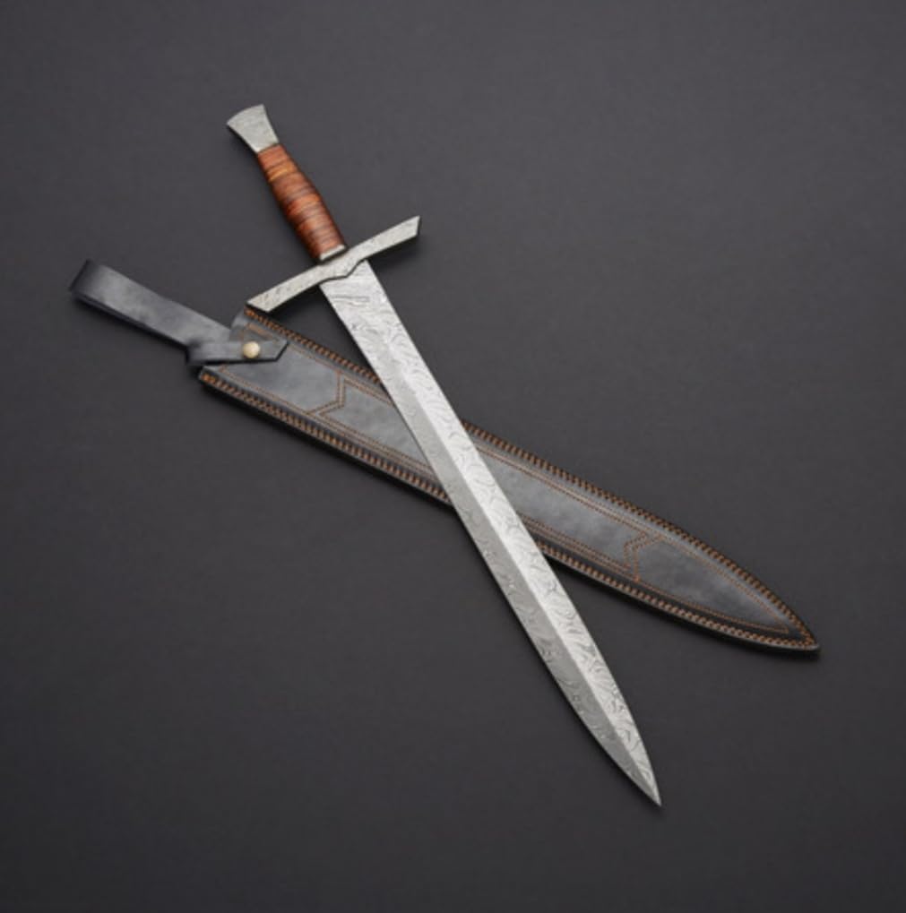 Empire - 30 Inch Long Handmade Damascus Steel Double Edge Hunting Sword with Sheath - Leather Grip - Sharpe Edges - Hunting Sword - Hand Forged Falchion Sword - Best Gift for Him