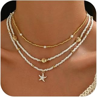 Nackiy Shell Starfish Necklace for Women - 14K Gold Plated Boho Layered Beaded Pearl Charm Pendant, Adjustable Summer Beach Jewelry Gift
