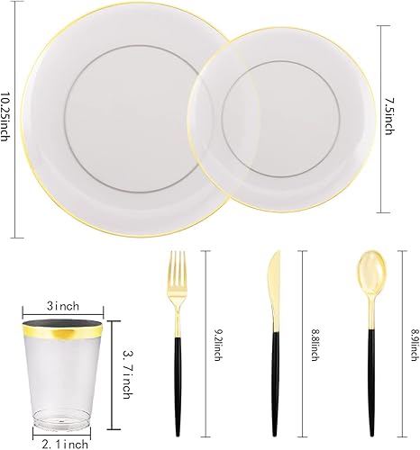 Miniatura 2 de Supernal Juego de vajilla de plástico negro de 180 piezas, platos de plástico negro, platos de plástico transparente con borde dorado, cubiertos de
