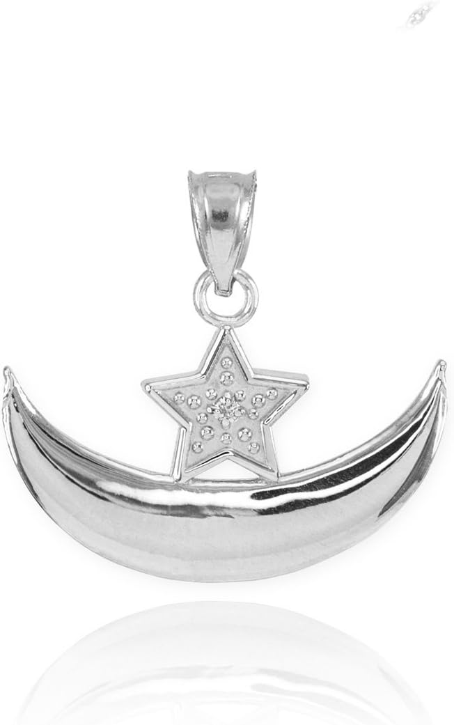 10k White Gold Diamond Islamic Crescent Moon and Star Charm Pendant