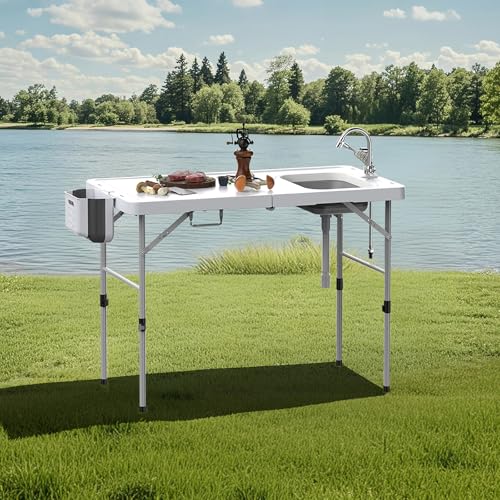 Folding Fish Cleaning Table,Folding Camping Kitchen Table with Sink & Sprayer,Collapsible wash Basin,Outdoor Sink Station with Hose