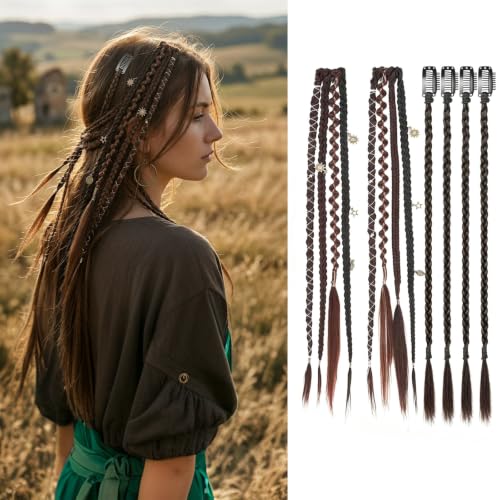 Extensiones de trenzas de 6 unidades, 50 cm, trenzas bohemias, rastas para trenzar, con colgante, para el día a día, festivales y fiestas (negro, rojo vino)