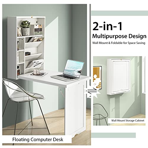 Tangkula Wall Mounted Desk, Fold Out Convertible Floating Desk, Multi-Function Murphy Desk For Home Office, Space Saving Computer Desk Hanging Desk, Wall Mounted Table With Storage Area #TOP6