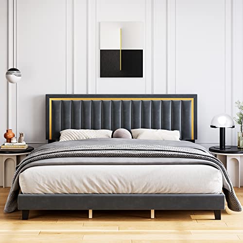 Senfot Full Size Bed Frame, Velvet Upholstered Platform Bed With Adjustable Tufted Headboard And Heavy Duty Metal Foundation With Wood Slats Supports No Box Spring Needed In Gray #TOP2