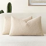 Foindtower Pack of 2, Curly Faux Fur Decorative Throw Pillow Covers Soft Plush Cushion Case with Zipper Cozy Boho Lumbar Pillowcase for Home Living Room Couch Bedroom Sofa 12 x 20 Inch, Light Beige
