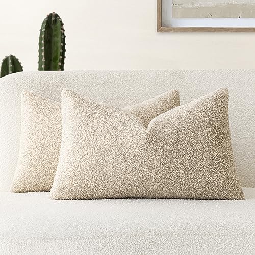 Image of Foindtower Pack of 2, Curly Faux Fur Decorative Throw Pillow Covers Soft Plush Cushion Case with Zipper Cozy Boho Lumbar Pillowcase for Home Living Room Couch Bedroom Sofa 12 x 20 Inch, Light Beige
