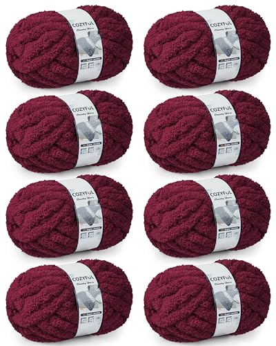 Image of Cozyful Chunky Yarn for Hand Knitting, #9 Thick Jumbo Big Chunky Yarn for Crocheting, Super Chunky Knit Blanket Yarns, Large Chunky Chenille Yarns, 8 Pack (30 yds 8 oz Each Skein), Burgundy
