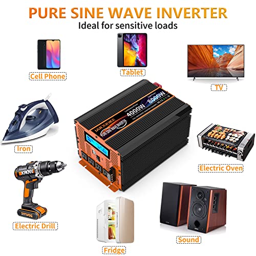 Jarxioke 4000 Watt Pure Sine Wave Power Inverter 24V Dc To 110V 120V Converter For Family Rv Off Grid Solar System Car With Type-C Ports 4 Ac Power Outlets Dual Usb Ports Lcd Display And Remote Control thumb #4