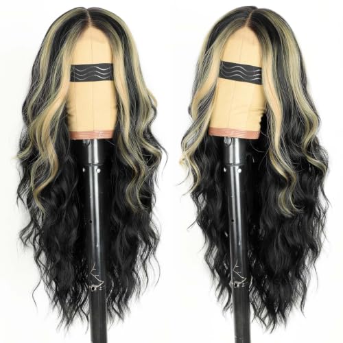 Image of AISI HAIR Black Highlights Wigs for Women,Wavy Synthetic Lace Wig 26Inch | Lace Hairline,Middle Part,Heat Resistant Wig,Daily Party,Natural-Looking,Adjustable Cap,Beginner Friendly,Soft Silky Texture