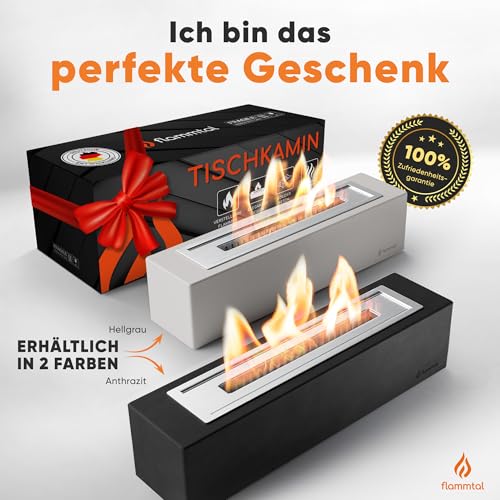 flammtal Bioethanol Tischfeuer für Terrasse Balkon Garten Tisch Deko - Auslaufsicherer Tischkamin Outdoor [2h Brenndauer] - Verstellbare Flamme - Bio Ethanol Kamin aus Beton 40cm lang (Hellgrau)