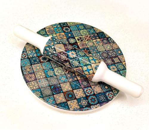 Image of Marble Chakla Belan Set - 25.4 cm Board / 30.5 cm Rolling Pin | Hena Green Design | Traditional Roti Rolling Board and Pin Set | Smooth Finish Kitchen Tool for Chapati, Paratha & Puri