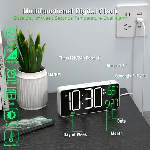 Image of KOSUMOSU Digital Alarm Clock,6.7in Small Digital Clock for Bedroom,Auto Dimming,Date,Week,Seconds or Indoor Temperature,LED Desk Clocks for Living Room, Alarm Clocks for Bedrooms