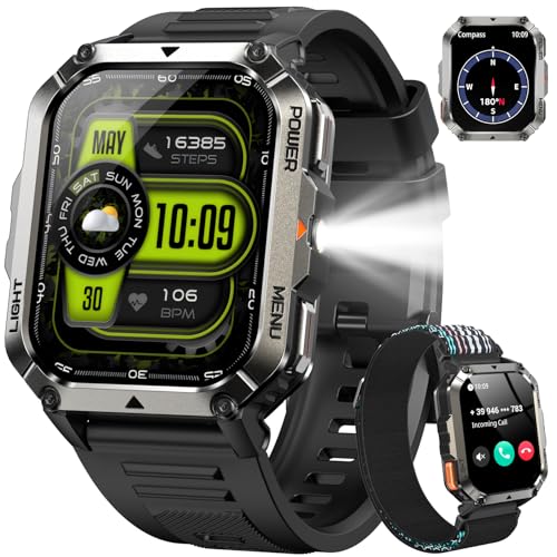 IOWODO Militär Smartwatch Herren 2,01 Zoll | LED Taschenlampe & Kompass | 900mAh/100 Tage Standby | 2 Armbänder | Bluetooth Anrufe | 100+ Sportmodi | IP68 Wasserdicht | 24/7...