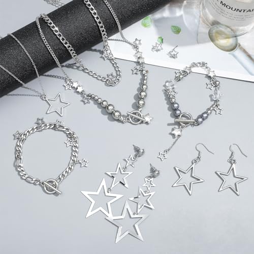 NEWITIN 11 Pieces Star Jewelry Set for Women Fashion Costume Jewels Pendant Star Necklace Bracelet Earrings Silver Jewelry Set for Women4