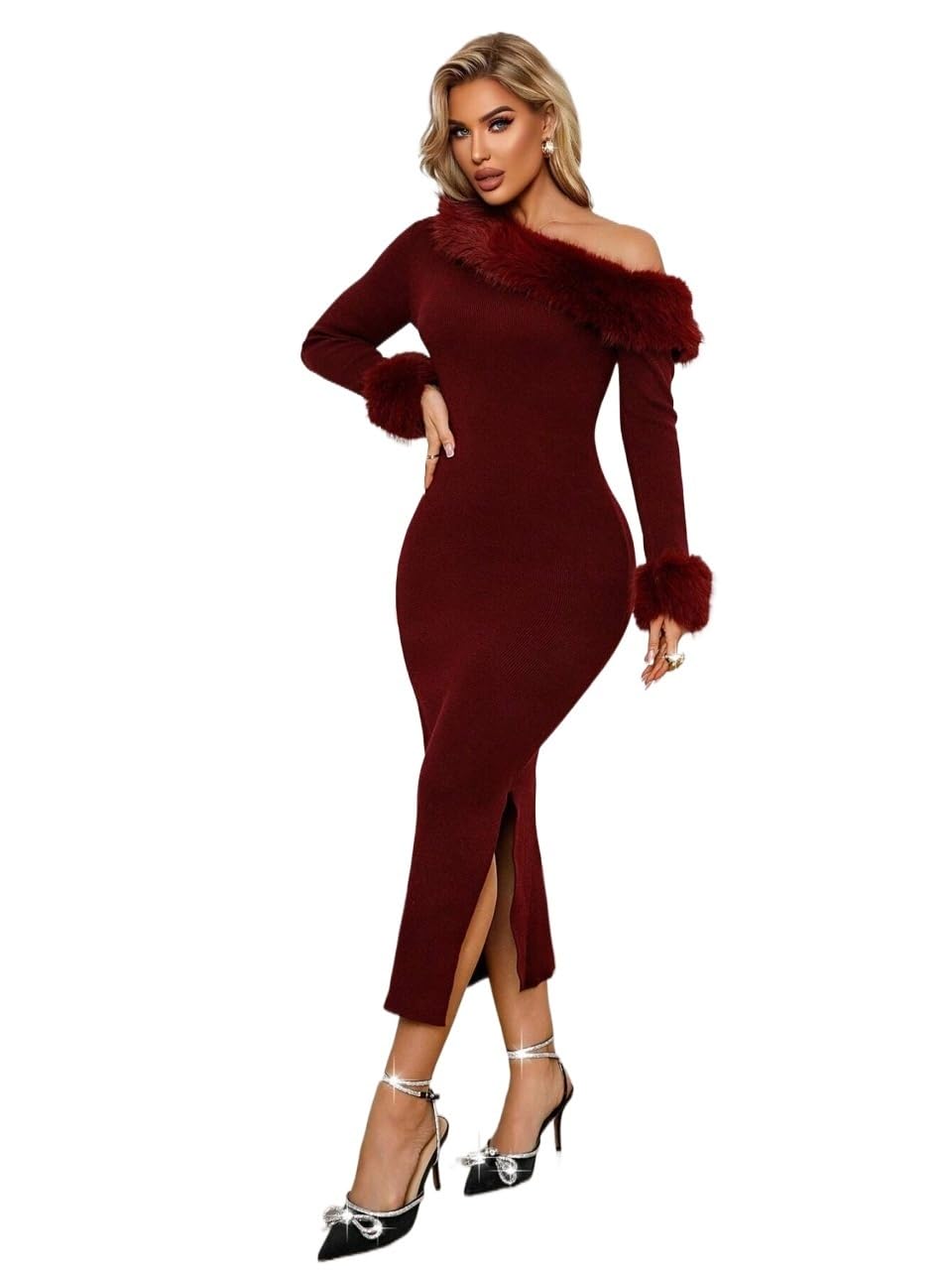 Womens Sweater Dresses Elegant Fitted Fur Collar Shoulder Long Sleeve Knit Sweater Dress