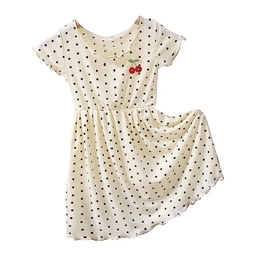 Short Sleeve Dresses for Kids Girls Round Neck Cherry Printed Polka Dot Casual Dress Toddler Girls Cute Stylish Outfts