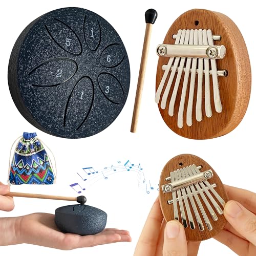 Jongdari Mini Rain Drum and Kalimba Thumb Piano, 2pcs Mini Musical Instruments 8 Key Exquisite...