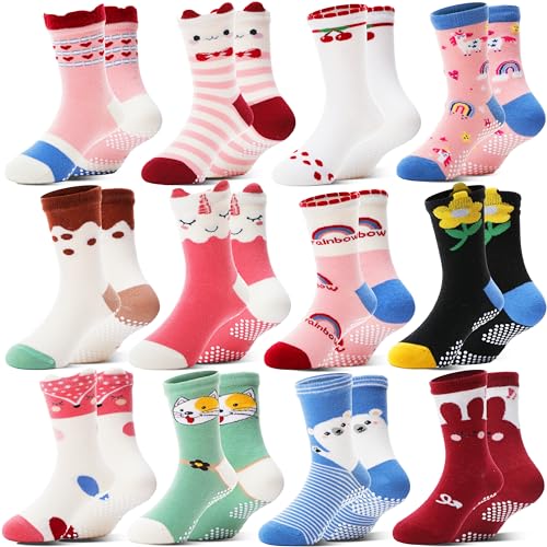Image of Welwoos Baby Girls Toddlers Grips Socks 12 Pairs Kids Anti Slip Non Skid Animal Funny Cartoon Crew Breathable Cotton Socks