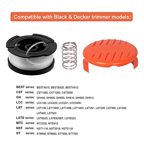 Image of THTEN AF-100 Trimmer Spool Compatible with Black+Decker GH600 GH900 LST201 | Compatible with Black Decker LSTE525 BESTA510 30ft 0.065 inch Refill Line AFS Weed Eater Edger with RC-100-P Spool Cap Covers 8PK