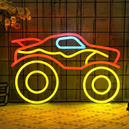 CoolGift Mart Monster Truck Neon Light, Dimmable LED Truck Neon Wall Sign USB Powered with 4-Color Lights, for Bedroom Living Room Game Room Man Cave Home Birthday Gift for Boys Men