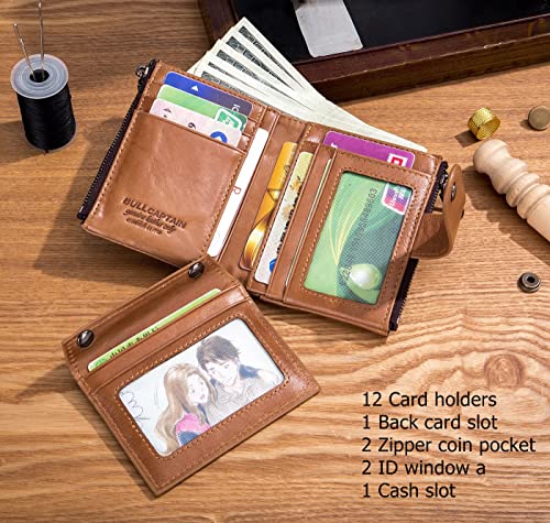 BULLCAPTAIN Genuine Leather Men Wallet with Anti-Theft Chain Large Capacity Double Zipper RFID Coin Purse with 2 ID Window (Yellow brown)4