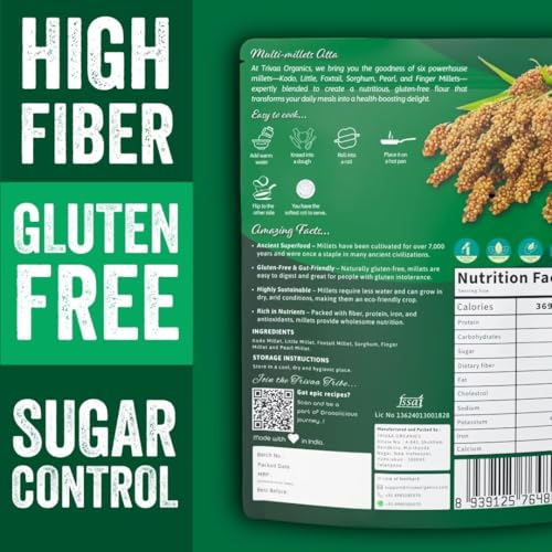 Image of TRIVAA ORGANICS Multi Millet Atta | Blend of Ragi, Jowar, Bajra, Foxtail, Little & Kodo Millet | Gluten-Free | Sugar Control | Low GI | Freshly Milled After Order | No Preservatives | Non GMO | High Protein | High-Fiber & Diabetic-Friendly | 500 gm (500 GM x Pack of 4)