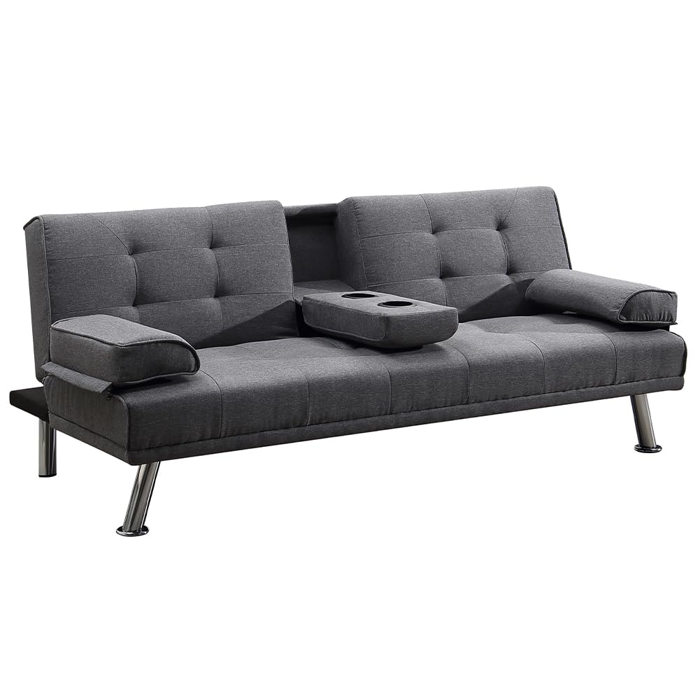 BAKAJI Divano Letto Convertibile 2 in 1 con Bracciolo Portabibite, Imbottitura Ergonomica ad Alta Densità, Divanetto con Apertura Clic Clac con Gambe Cromate, Ideale per Soggiorno (Tessuto Grigio)