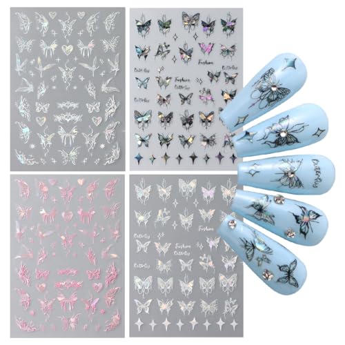 S.A.V.I 4 Pcs Holographic Butterfly Nail Art Stickers, Self-Adhesive Multicolor Decals for DIY Manicure, Easy Decoration (Silver, Pink, Black) – Long-Lasting & Easy to Apply
