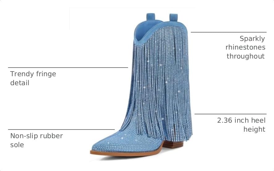 Image of Cowboy Boots for Women - Cowgirl Western Rhinestone Sparkly Fringe Chunky Heel Pointed Toe Mid Calf Boots