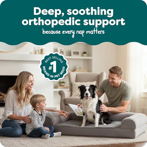 Image of Furhaven Orthopedic Dog Bed for Large /Medium Dogs w / Removable Bolsters & Washable Cover, For Dogs Up to 55 lbs - Plush & Suede Sofa - Gray, Large